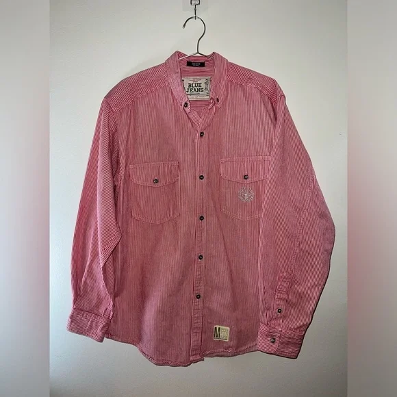 Vintage USA made Calvin Klein Sport pinstripe red denim shirt men’s medium - Picture 1 of 7